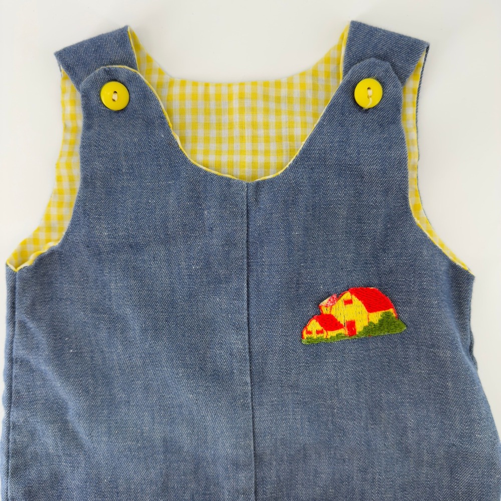 Vtg Alexis Chambray Yellow Embroidered Barn Romper‎ 18-25 lbs 12-18 Months USA - Picture 2 of 8